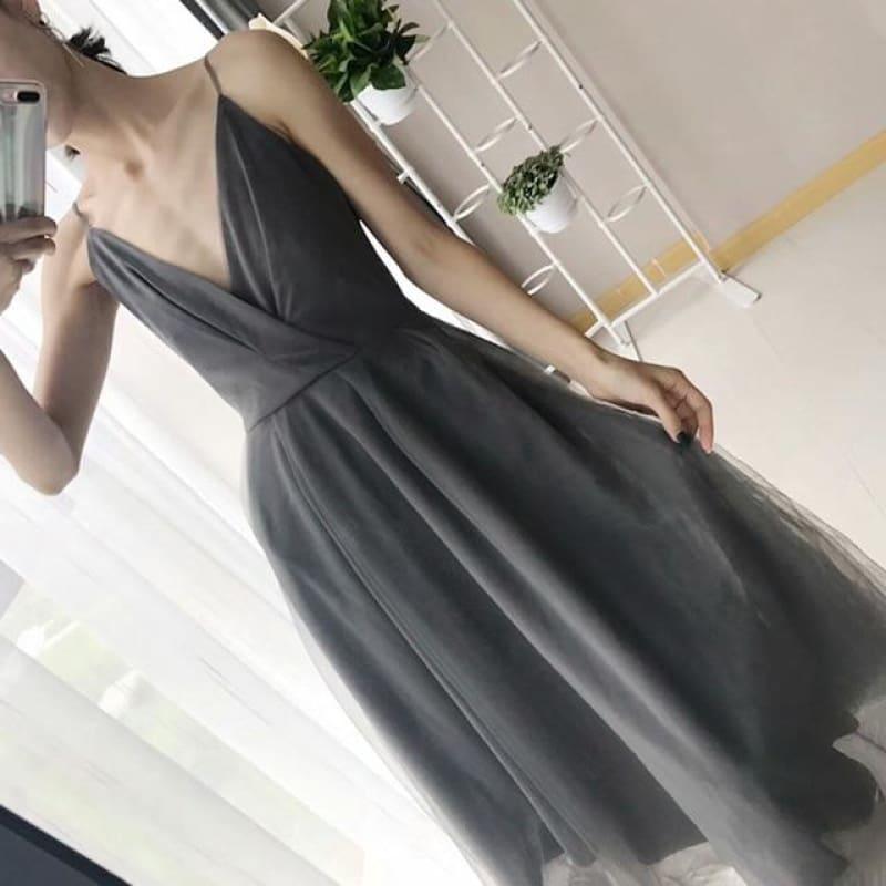 V Neck Spaghetti Strap Backless Tunic High Waist Maxi Dress - Gray / L - Maxi Dress