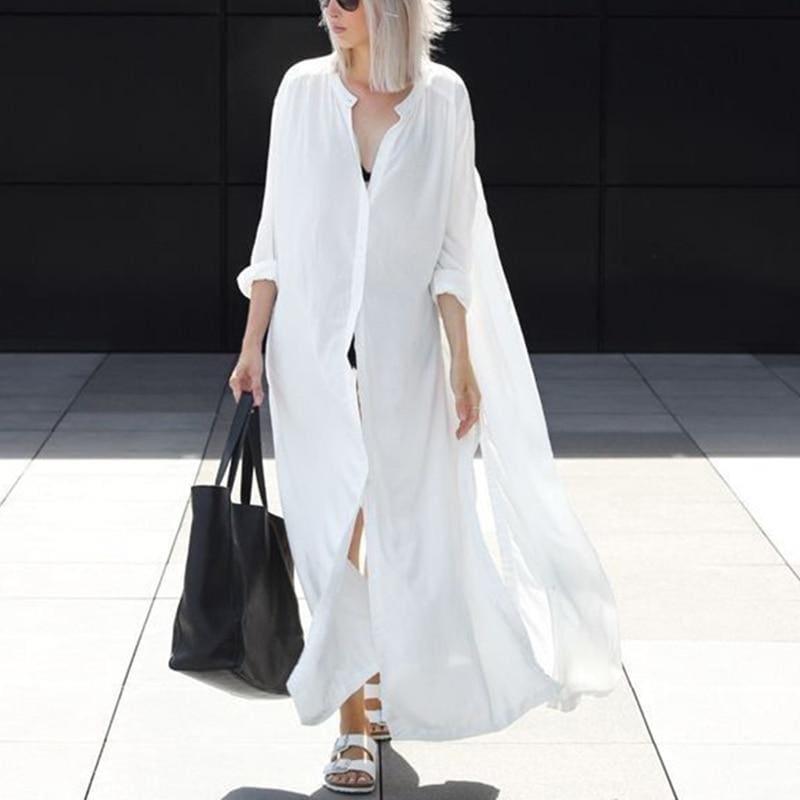 V Neck Split Single Breasted White Summer Maxi Dress - Maxi Dress