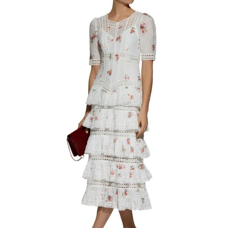 V-neckline Short Sleeves Floating Bouquet Print Pintuck Tiered Ruffle Midi Dress - Midi Dress