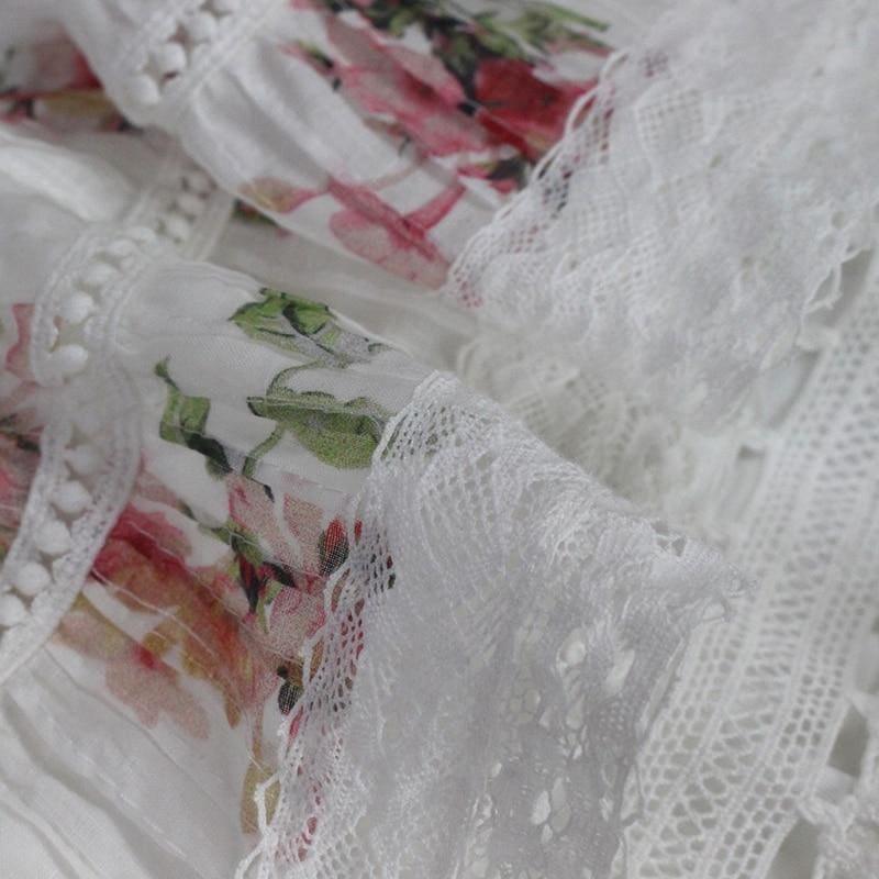 V-neckline Short Sleeves Floating Bouquet Print Pintuck Tiered Ruffle Midi Dress - Midi Dress