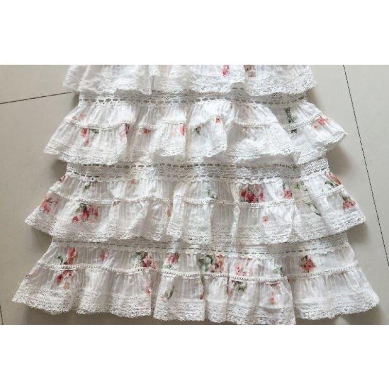 V-neckline Short Sleeves Floating Bouquet Print Pintuck Tiered Ruffle Midi Dress - white / S - Midi Dress
