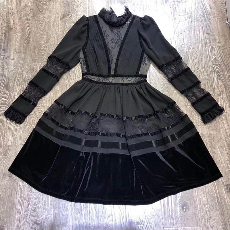 Velvet Chiffon Long Sleeve Sexy Lace Mini Dress - Black Dress / L - Mini Dress
