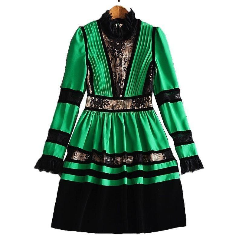 Velvet Chiffon Long Sleeve Sexy Lace Mini Dress - Green Dress / L - Mini Dress