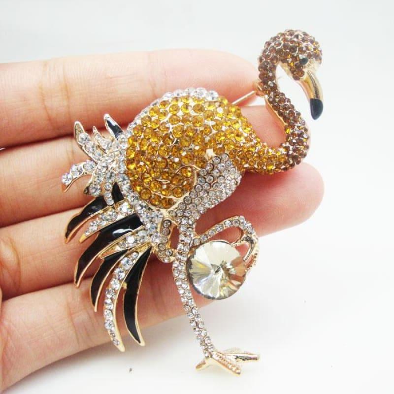 Vintage Austrians Crystal Flamingo Bird Gold Tone Brooch Pin Brown Accessories - brooch