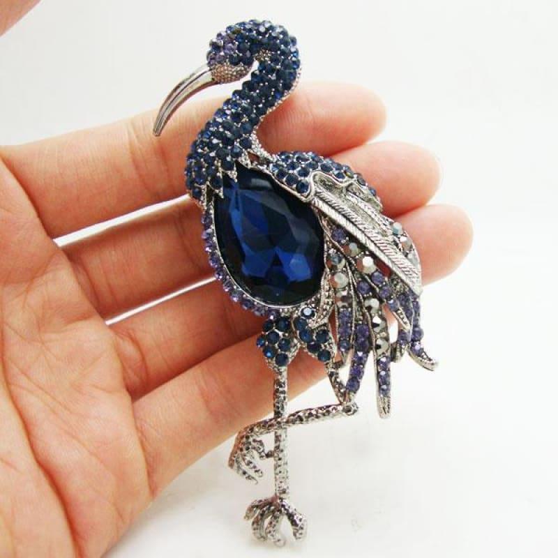 Vintage Blue Flamingos Silver-plated Brooch Pin Rhinestone Crystal Bird Pendant - Default title - Brooch