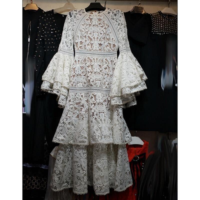 Vintage Designer Runway Flare Sleeve Lace Cascading Ruffle Maxi Dress - Maxi Dress