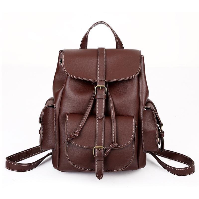 Vintage Drawstring Backpack Black Shoulder Bag - Deep brown - HandBag
