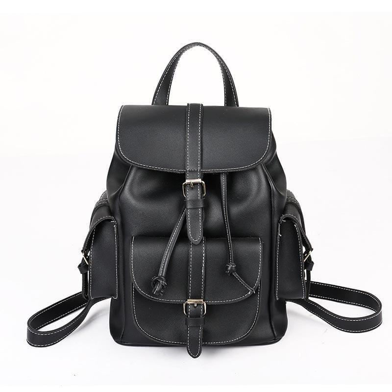 Vintage Drawstring Backpack Black Shoulder Bag - Black - HandBag