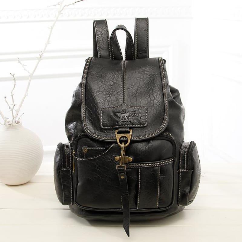 Vintage Drawstring Backpack Large School Bag - Black - Backpack