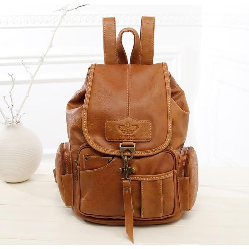 Vintage Drawstring Backpack Large School Bag - Brown - Backpack