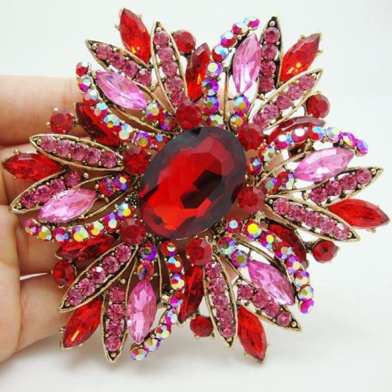 Vintage Elegant Flower Gold Tone Large Brooch Pin Red Rhinestone Crystal - Default title - brooch