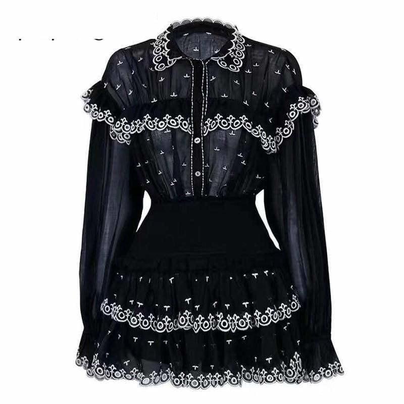 Vintage Embroidery Ruffle Patchwork Two Piece Sets Perspective Flare Sleeve Shirts High Waist Mini Skirts - Set