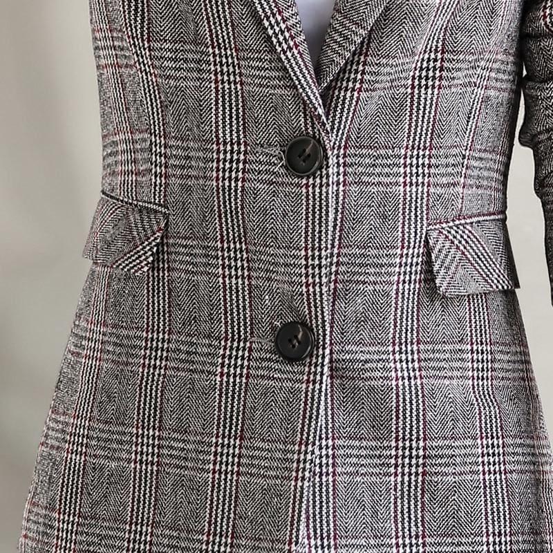 Vintage English Style Plaid Coat With Pockets Two Button Jacket Blazer - Jackets