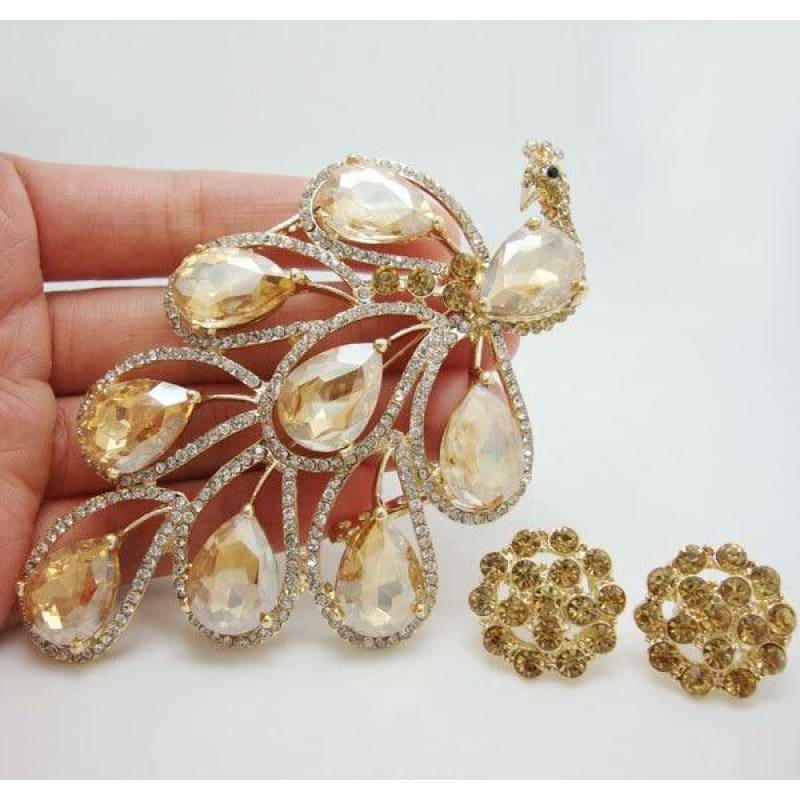 Vintage Fashion Nigerian African Style Peacock Bird Brooch Pin Earrings Set Brown Crystal Rhinestone Bird - brooch