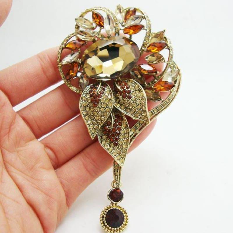 Vintage Flower Pendant Brown Crystal Rhinestone Gold Tone Brooch Pin - Default title - Brooch