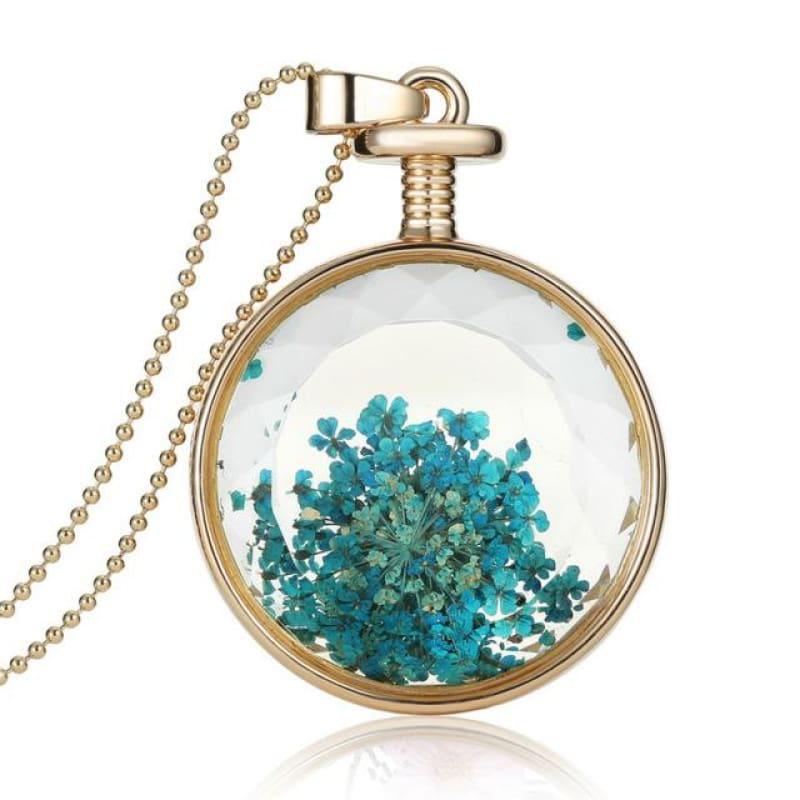 Vintage Flowers Glass Necklace & Pendant Gold Long Chain Fine Jewelry - Blue - necklace