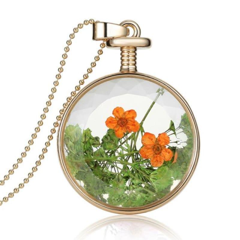 Vintage Flowers Glass Necklace & Pendant Gold Long Chain Fine Jewelry - i - necklace