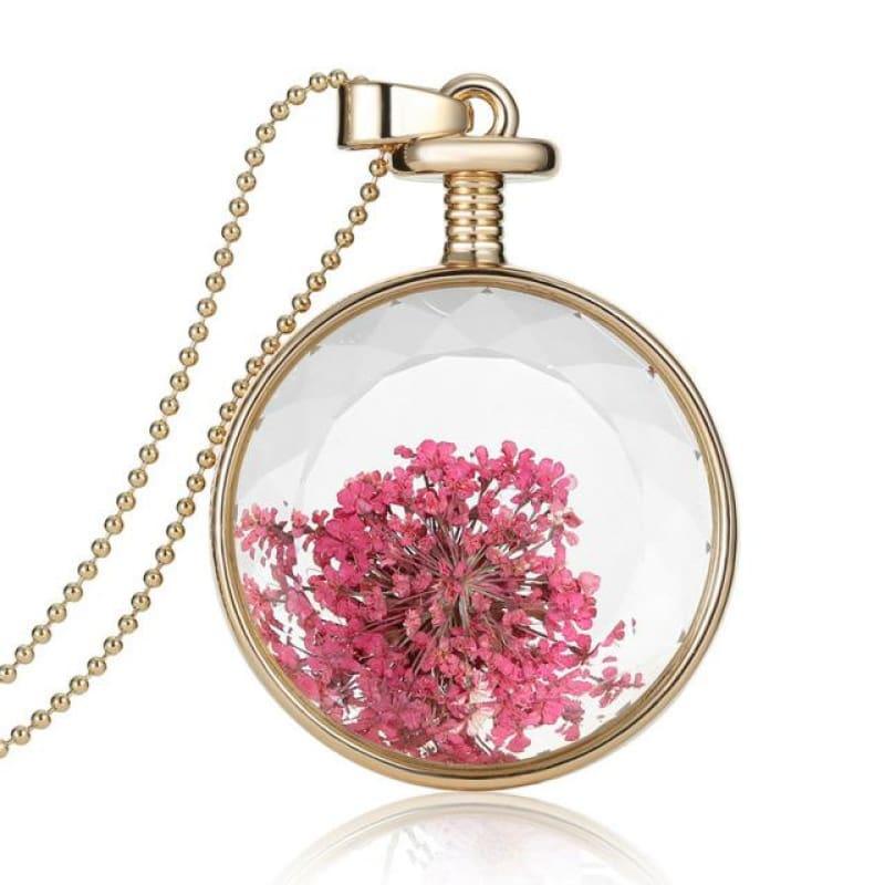 Vintage Flowers Glass Necklace & Pendant Gold Long Chain Fine Jewelry - Migenta - necklace