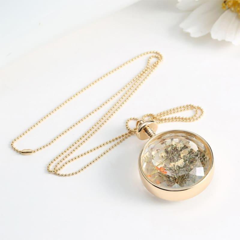 Vintage Flowers Glass Necklace & Pendant Gold Long Chain Fine Jewelry - necklace