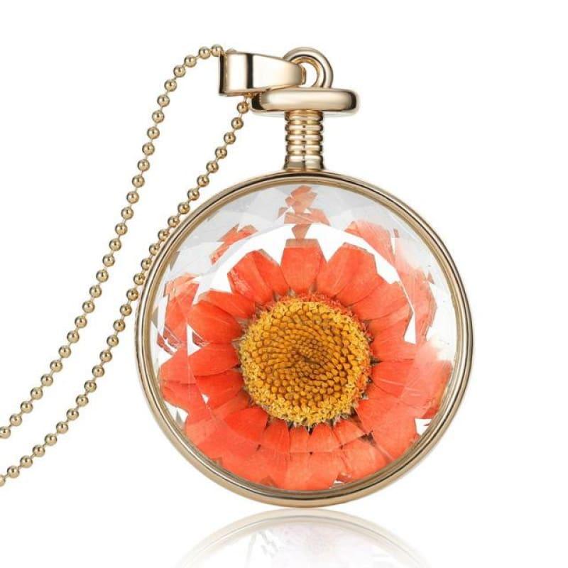 Vintage Flowers Glass Necklace & Pendant Gold Long Chain Fine Jewelry - Orange - necklace