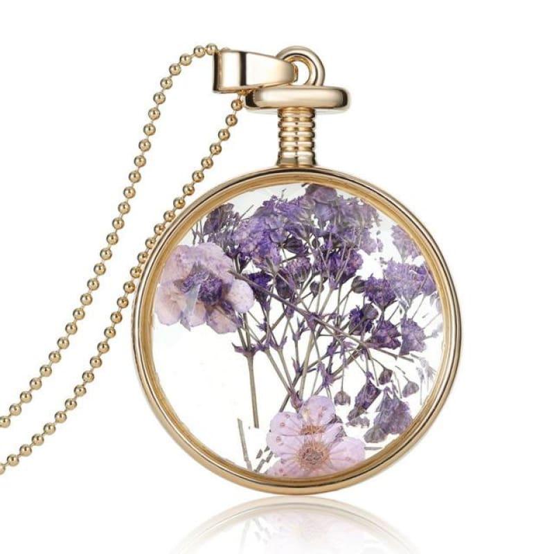 Vintage Flowers Glass Necklace & Pendant Gold Long Chain Fine Jewelry - Purple - Necklace