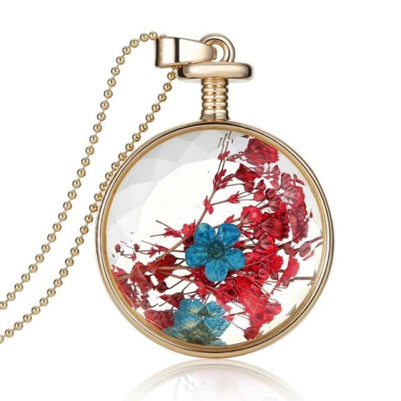 Vintage Flowers Glass Necklace & Pendant Gold Long Chain Fine Jewelry - Red - necklace