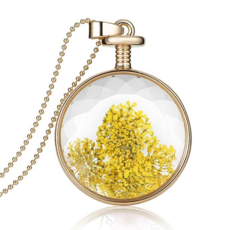Vintage Flowers Glass Necklace & Pendant Gold Long Chain Fine Jewelry - Yellow - Necklace