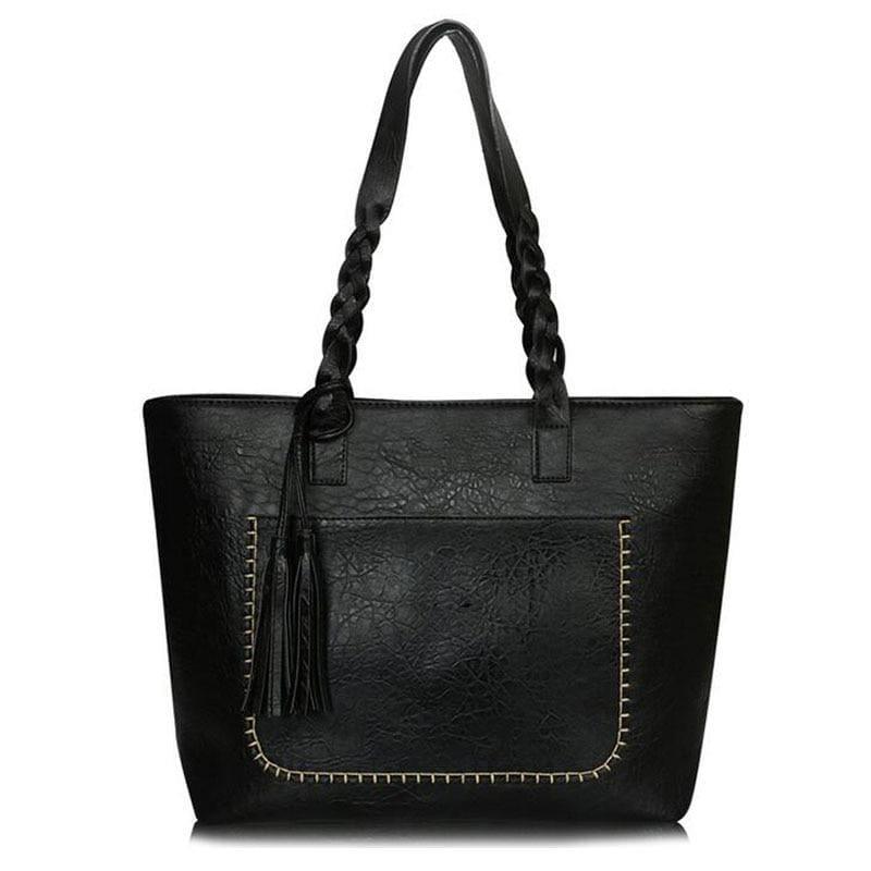 Vintage Handbag Women Leather Shoulder Tote Bag - black - HandBag