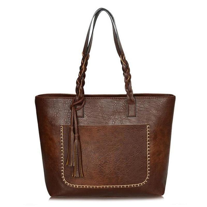 Vintage Handbag Women Leather Shoulder Tote Bag - dark brown - HandBag