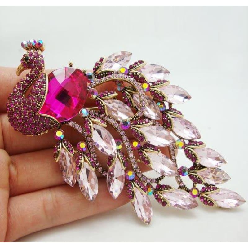 Vintage Jewelry Peacock Bird Purple Crystal Rhinestone Art Nouveau Gold Tone Brooch Pin - brooch