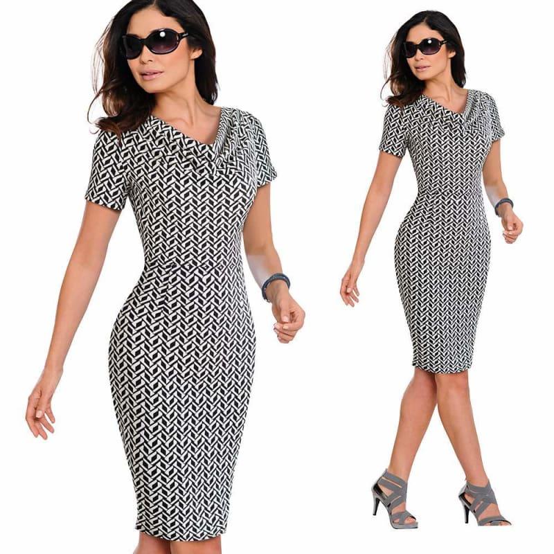 Vintage Leopard Party Office Dress Short Sleeve Pencil Midi Dress - Geometric / L - Midi Dress