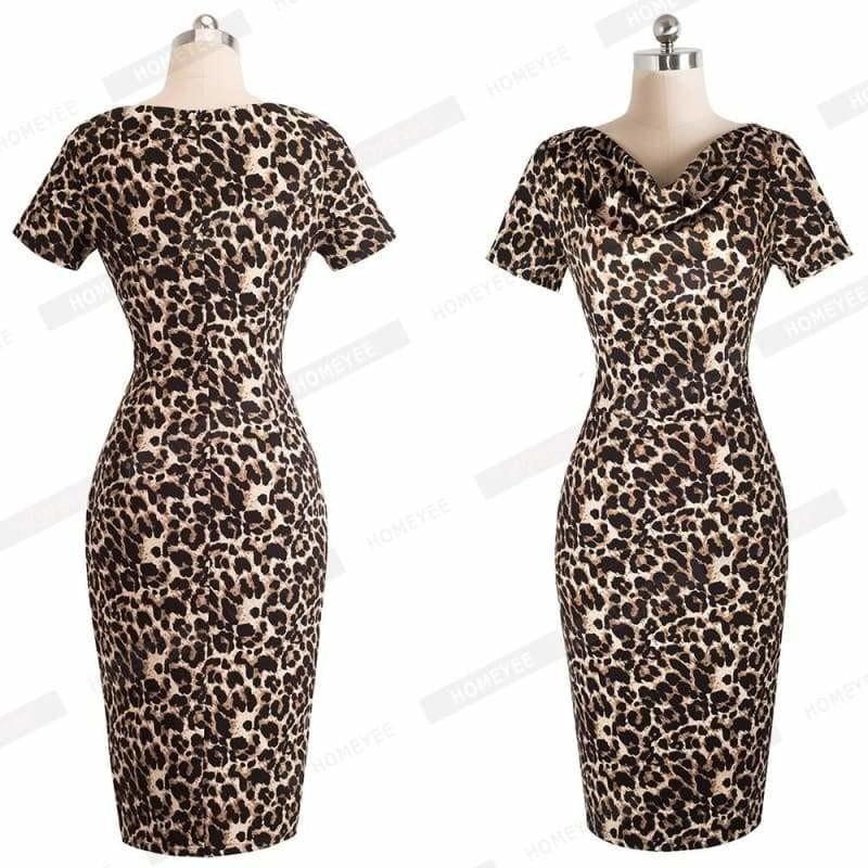 Vintage Leopard Party Office Dress Short Sleeve Pencil Midi Dress - Midi Dress