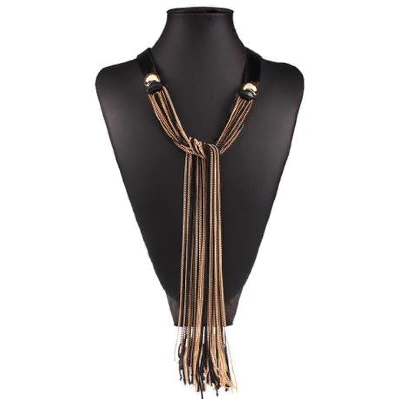 Vintage Long With Leather Layers Tassel Fine Jewelry Necklace - Gold - necklace