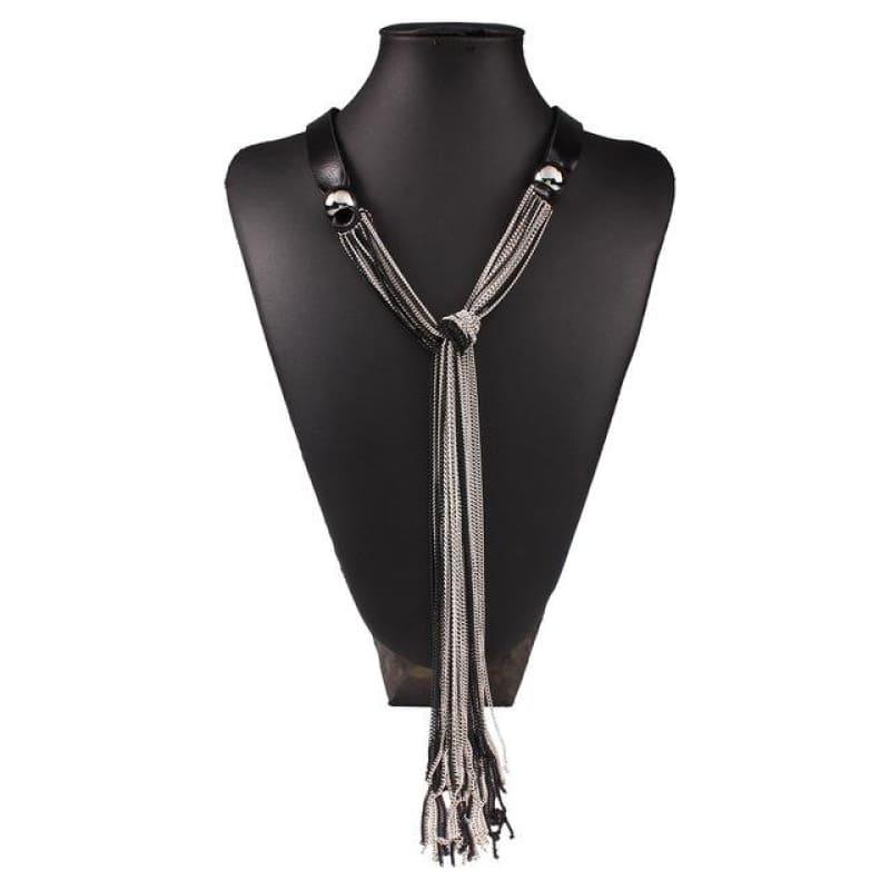 Vintage Long With Leather Layers Tassel Fine Jewelry Necklace - Silver - necklace