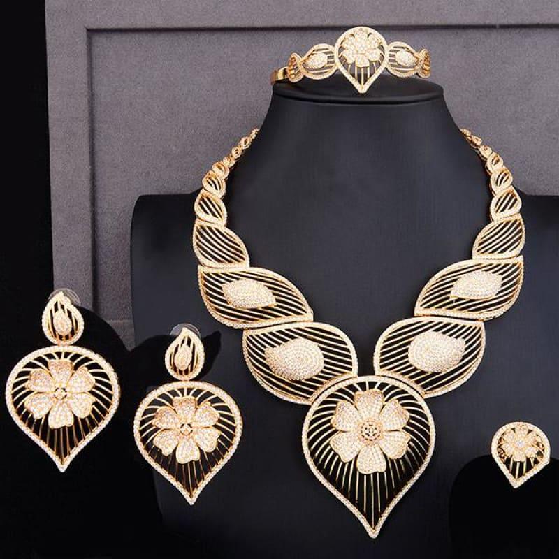 Vintage Luxury Hollow Waterdrop Flower 4PCS African Jewelry Set - Gold / Resizable - Jewelry Set