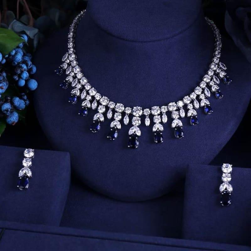 Vintage Luxury Sparking Brilliant Cubic Zircon Drop Earring Necklace r Jewelry Set - Blue - Jewelry set