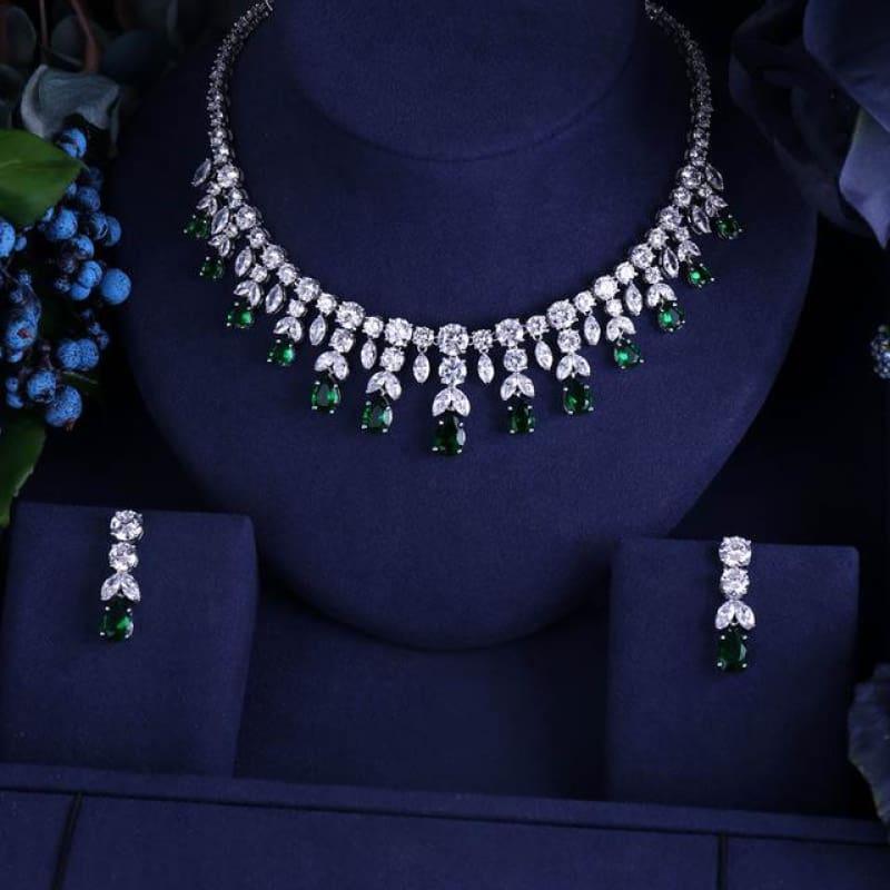 Vintage Luxury Sparking Brilliant Cubic Zircon Drop Earring Necklace r Jewelry Set - Green - Jewelry set