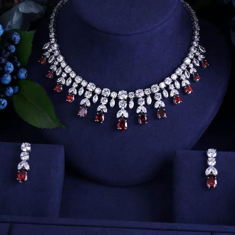 Vintage Luxury Sparking Brilliant Cubic Zircon Drop Earring Necklace r Jewelry Set - Red - Jewelry set