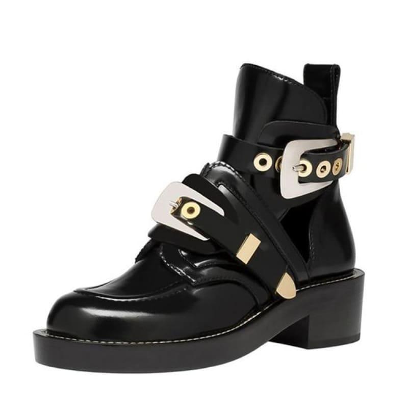 Vintage Motorcycle Boots Women Buckle Strap Punk Ankle Boots - Gold Buckle / 3.5 - Boots