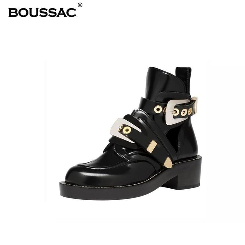 Vintage Motorcycle Boots Women Buckle Strap Punk Ankle Boots - Boots