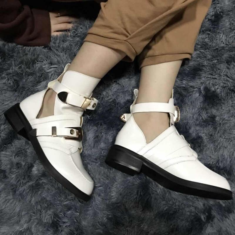 Vintage Motorcycle Boots Women Buckle Strap Punk Ankle Boots - Boots