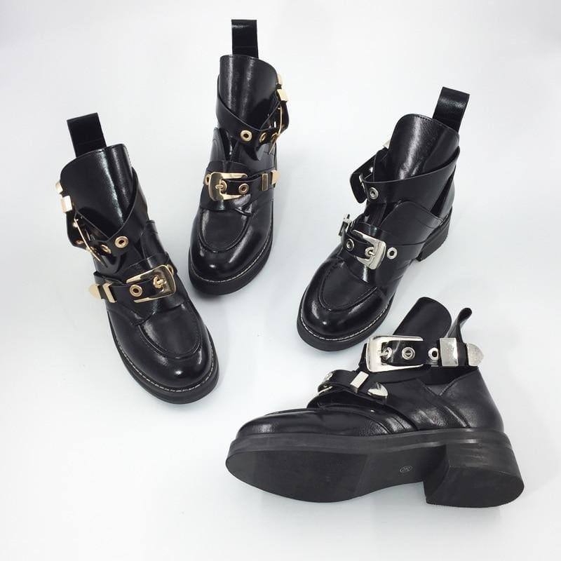 Vintage Motorcycle Boots Women Buckle Strap Punk Ankle Boots - Boots