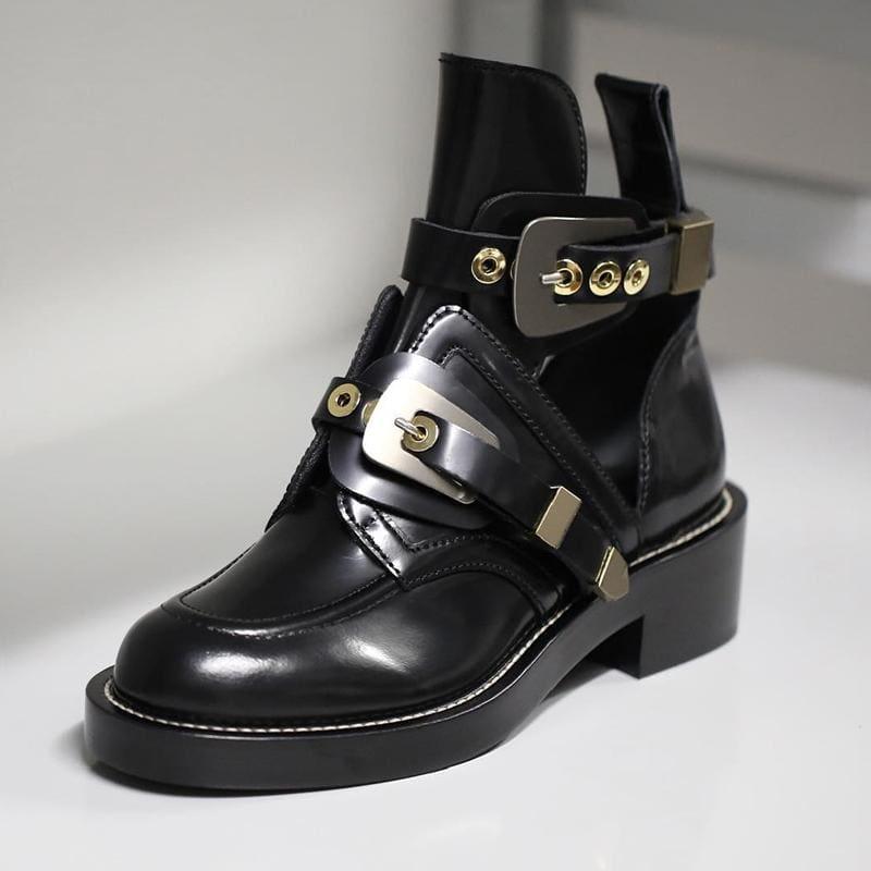 Vintage Motorcycle Boots Women Buckle Strap Punk Ankle Boots - Boots