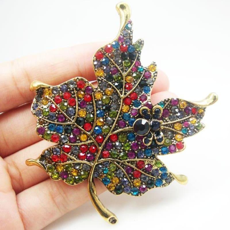 Vintage Multi-color Rhinestone Crystal Maple Leaf Woman Brooch Pin Gold Tone - brooch