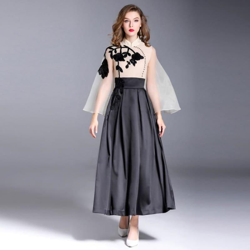 Vintage Organza Embroidery Spring Turtleneck Beading Flare Long Sleeve Maxi Dress - Maxi Dress
