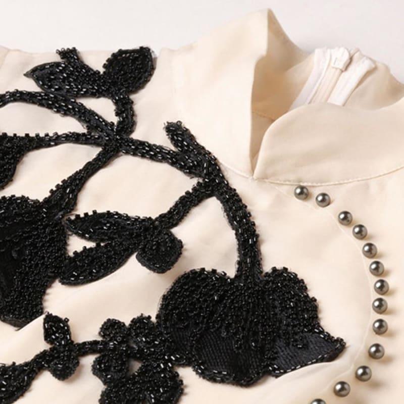 Vintage Organza Embroidery Spring Turtleneck Beading Flare Long Sleeve Maxi Dress - Maxi Dress