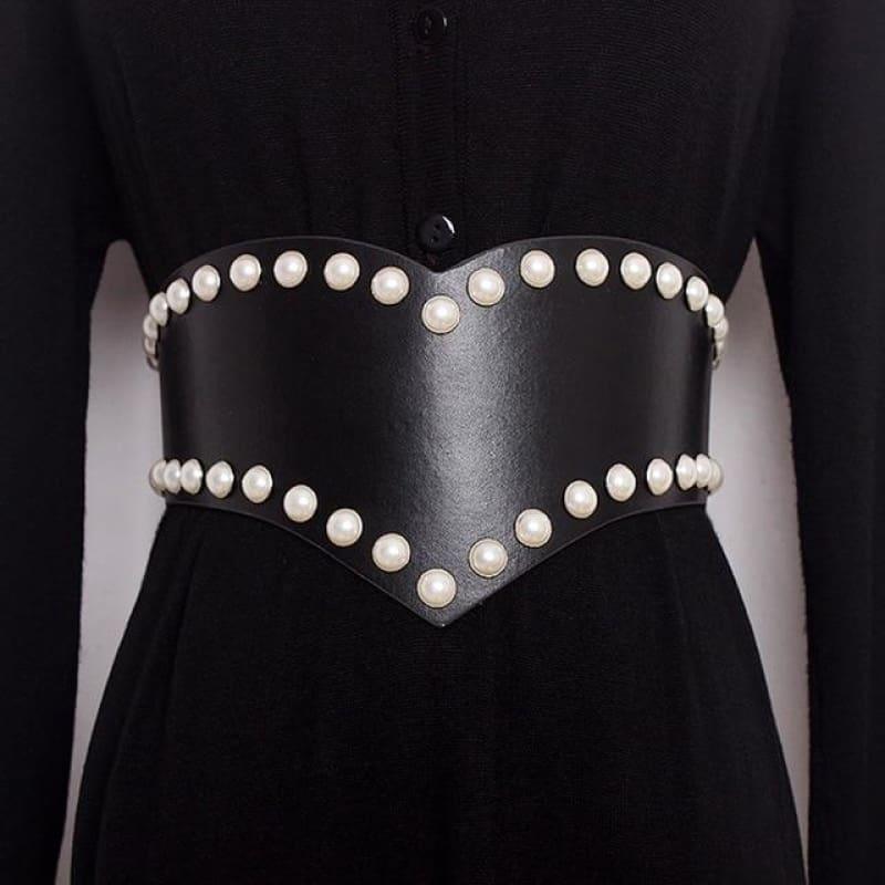 Vintage Pearls Ascent Irregular High Waist Black Wide Belt - Pearl Belt - Belt