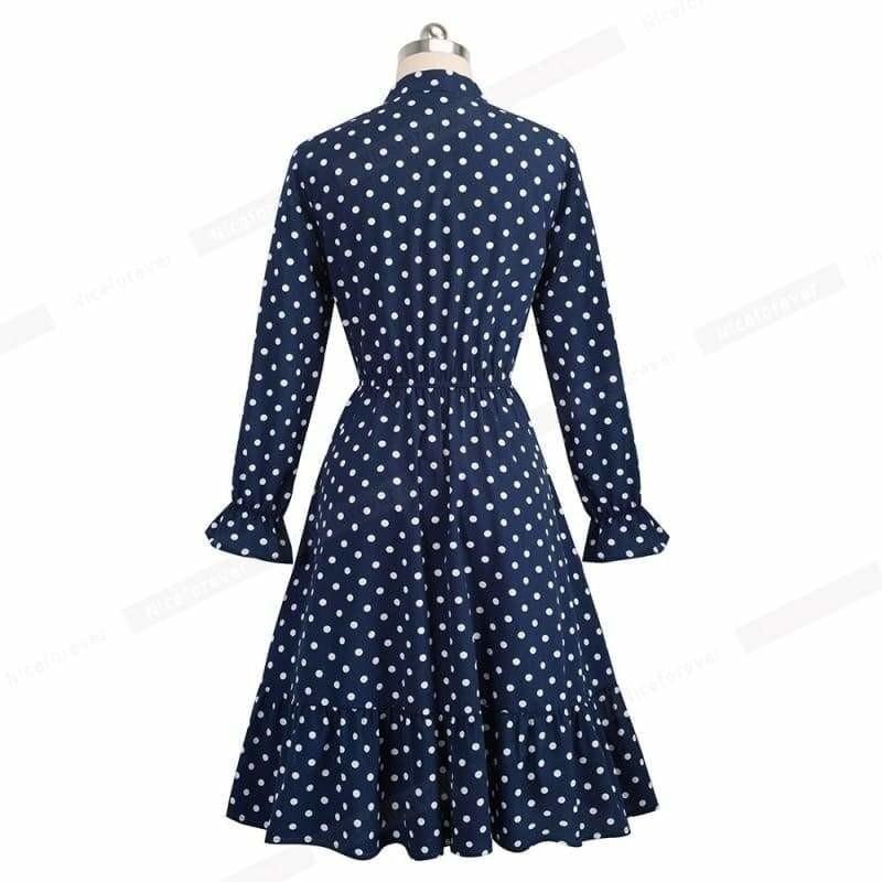 Vintage Polka Dots Pinup Bow Flare A-Line Swing Midi Dress - Midi Dress