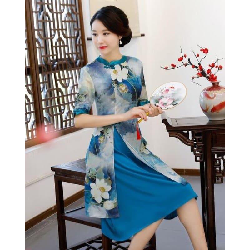 Vintage Rayon Traditional Simple Lady Floral Qipao Summer Sexy Short Cheongsam Midi Dress - BLUE / M - Midi Dress