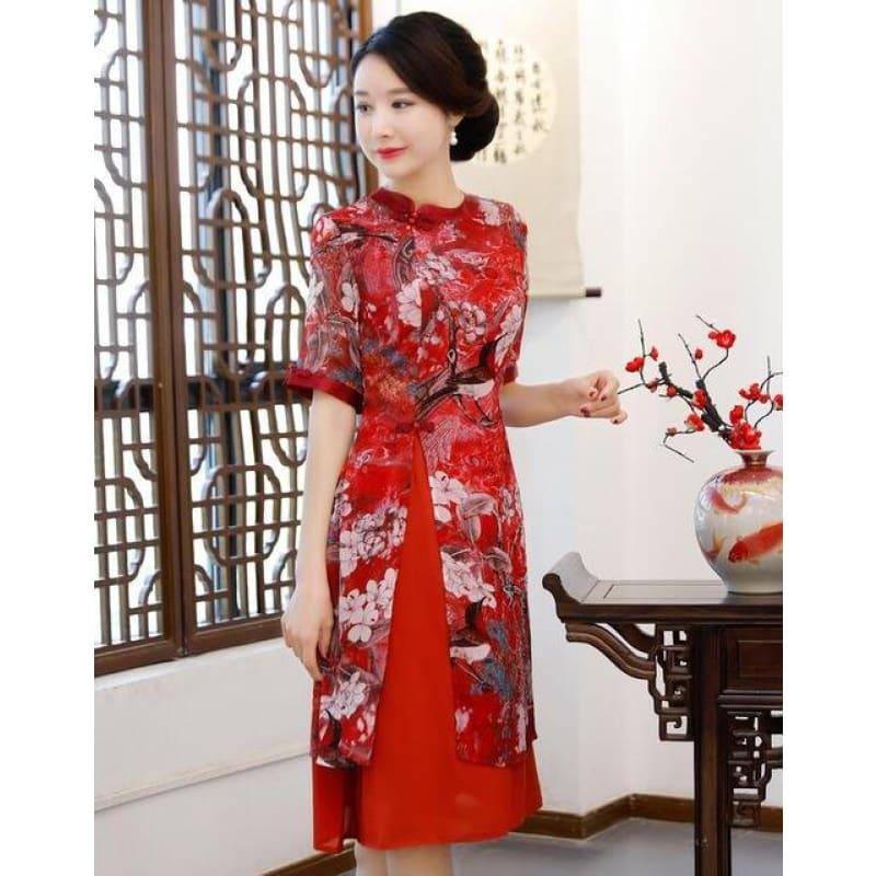 Vintage Rayon Traditional Simple Lady Floral Qipao Summer Sexy Short Cheongsam Midi Dress - RED / M - Midi Dress
